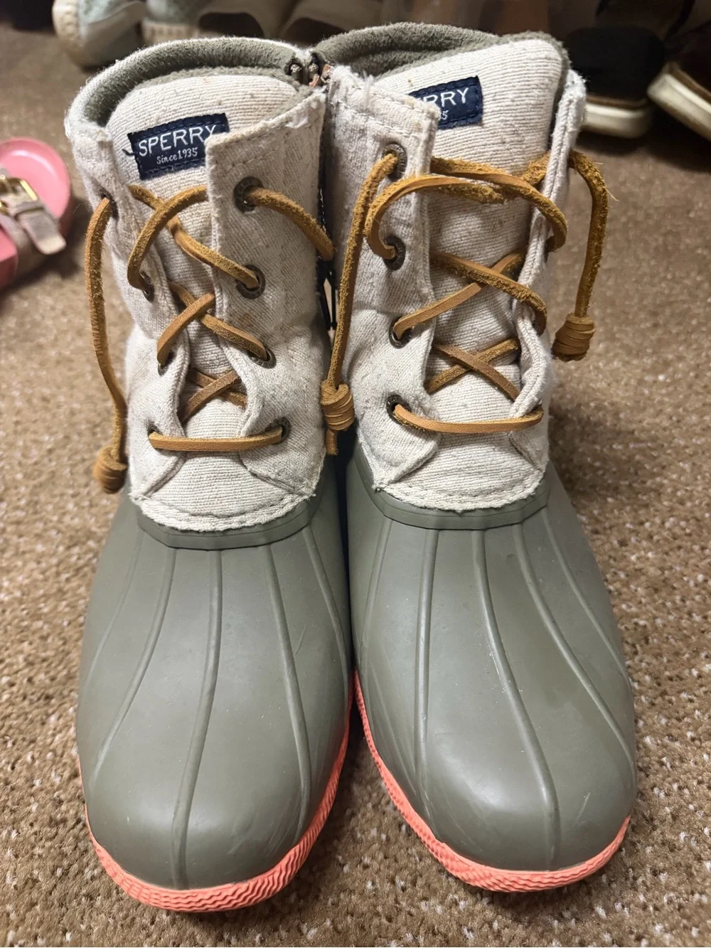 Sperry Waterproof Duck Boots in Olive Green and Orange